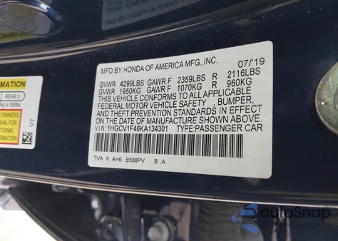 2019 Honda Accord Ex from USA, damaged, VIN 1HGCV1F46KA134301